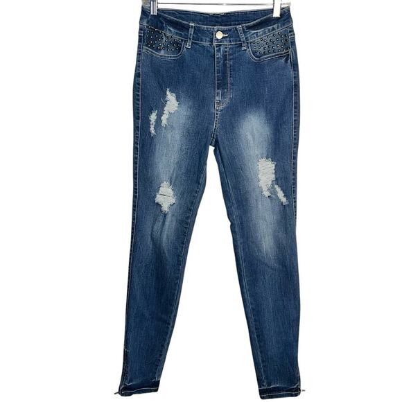Philosophy Republic Skinny Jeans Studded Pockets Distressed Medium Wash Size 8 - Picture 1 of 8